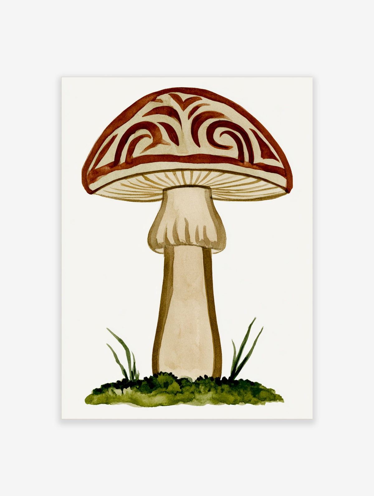 Ornate red and cream mushroom illustration with swirls, green grass, on white background