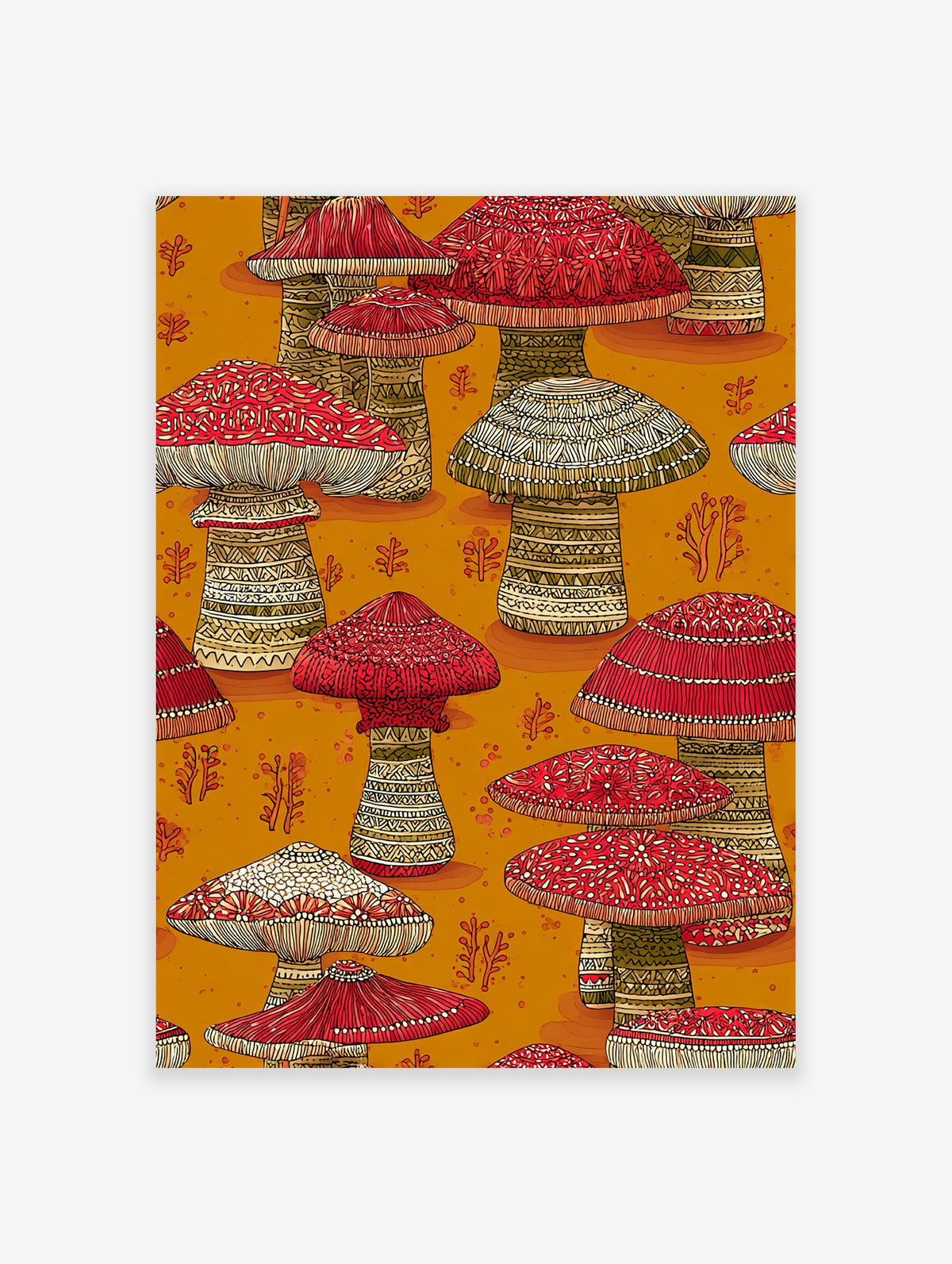 Vibrant red mushroom wall art with intricate tribal patterns on caps and stems, set against a warm orange background.