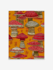 Vibrant red mushroom wall art with intricate tribal patterns on caps and stems, set against a warm orange background.