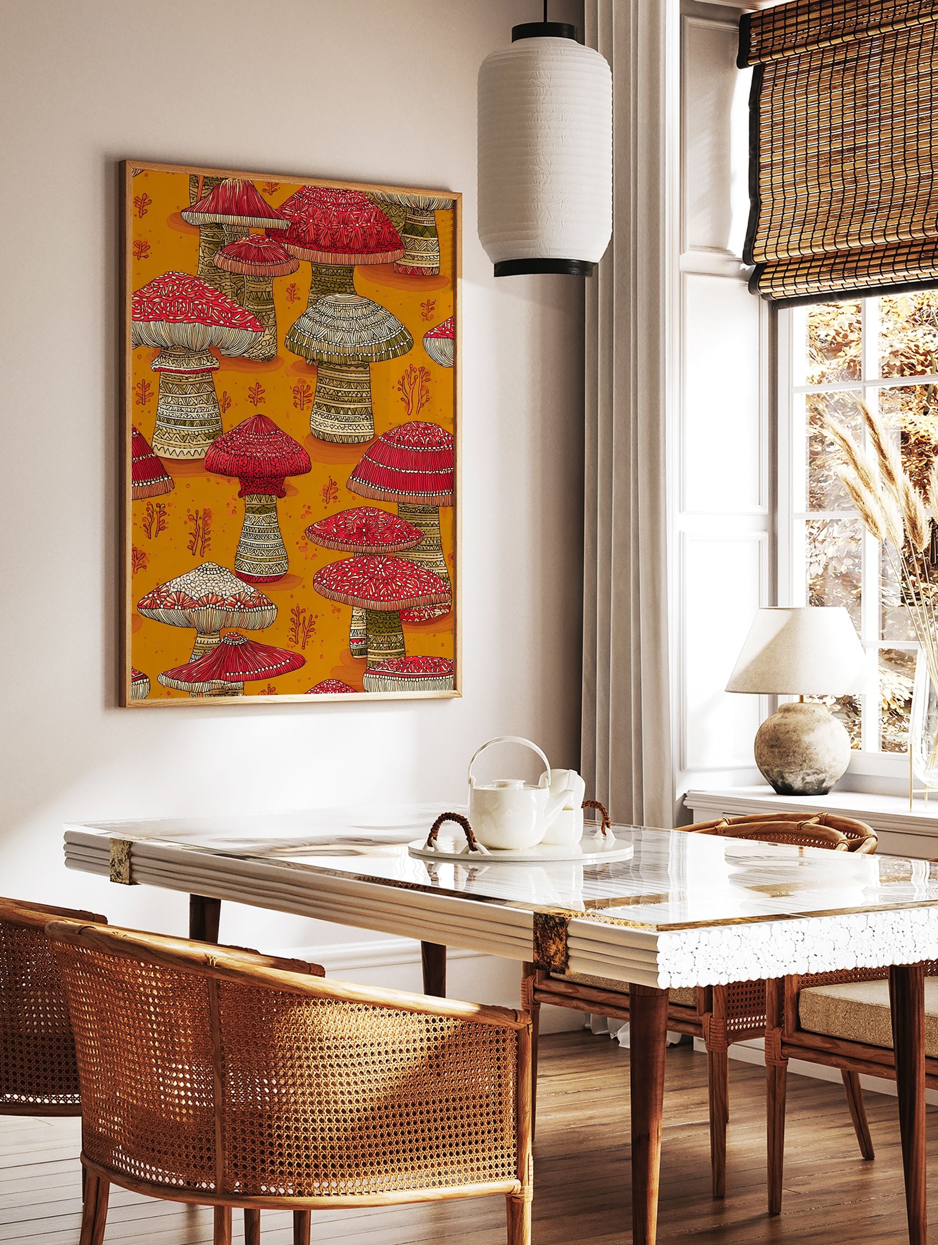 Vibrant red mushroom wall art with intricate tribal patterns on caps and stems, set against a warm orange background. - Image 2