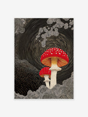 Red and white spotted mushroom wall art illustration on a black background with swirling lines and dotted patterns.