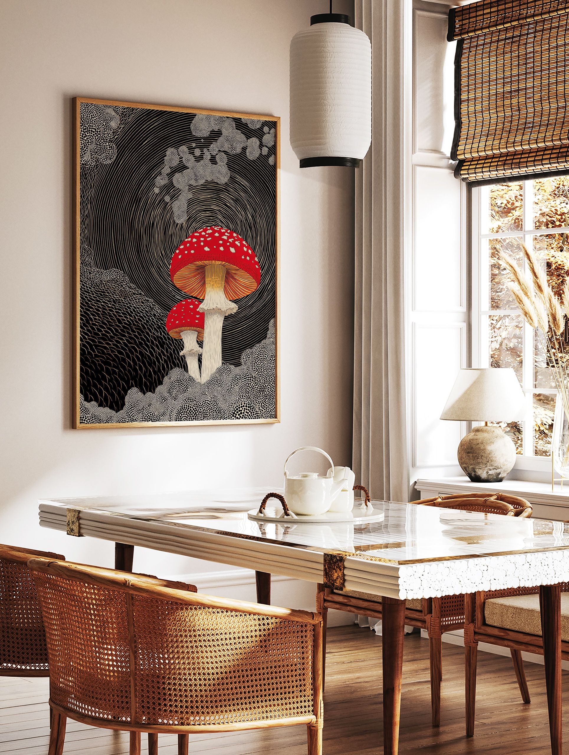 Red and white spotted mushroom wall art illustration on a black background with swirling lines and dotted patterns. - Image 2