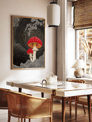 Red and white spotted mushroom wall art illustration on a black background with swirling lines and dotted patterns. - Image 2