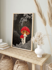 Red and white spotted mushroom wall art illustration on a black background with swirling lines and dotted patterns. - Image 3