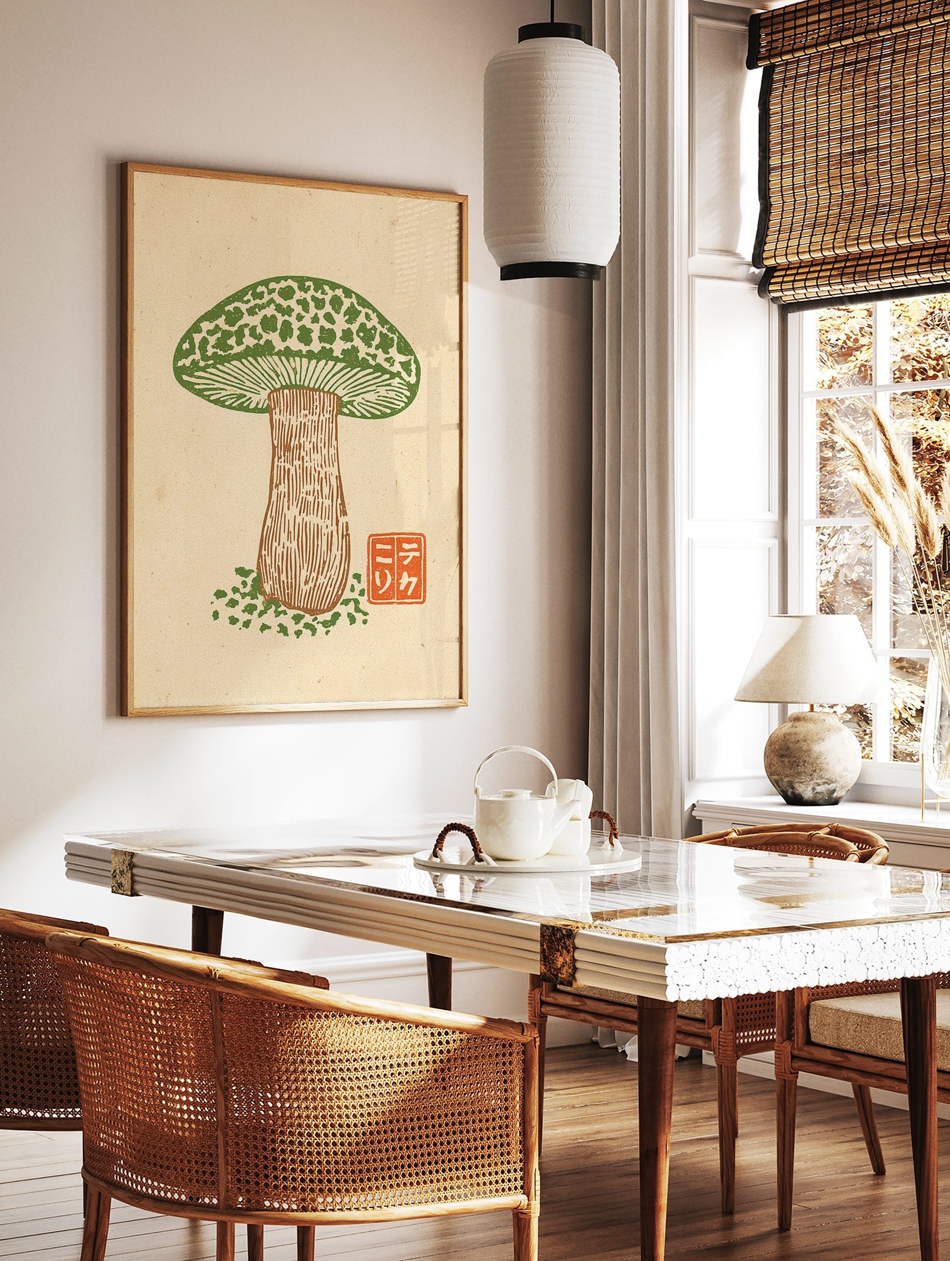 Green mushroom woodcut print with mottled cap and brown stem, orange Japanese character seal on, in a styled room mockup