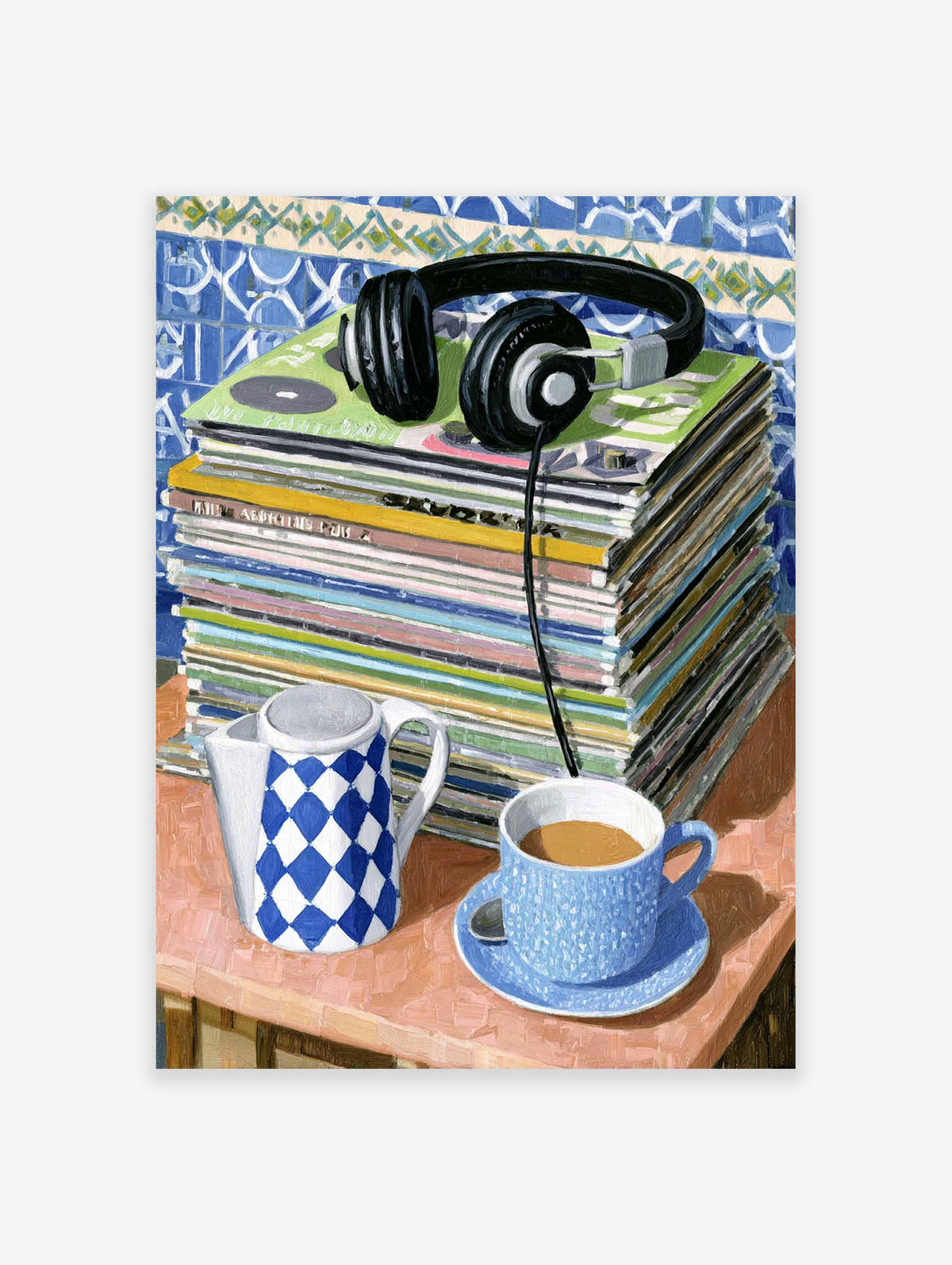 Music and coffee illustration with vinyl records, headphones, blue teacup, and checkered teapot on a table.
