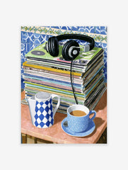 Music and coffee illustration with vinyl records, headphones, blue teacup, and checkered teapot on a table.