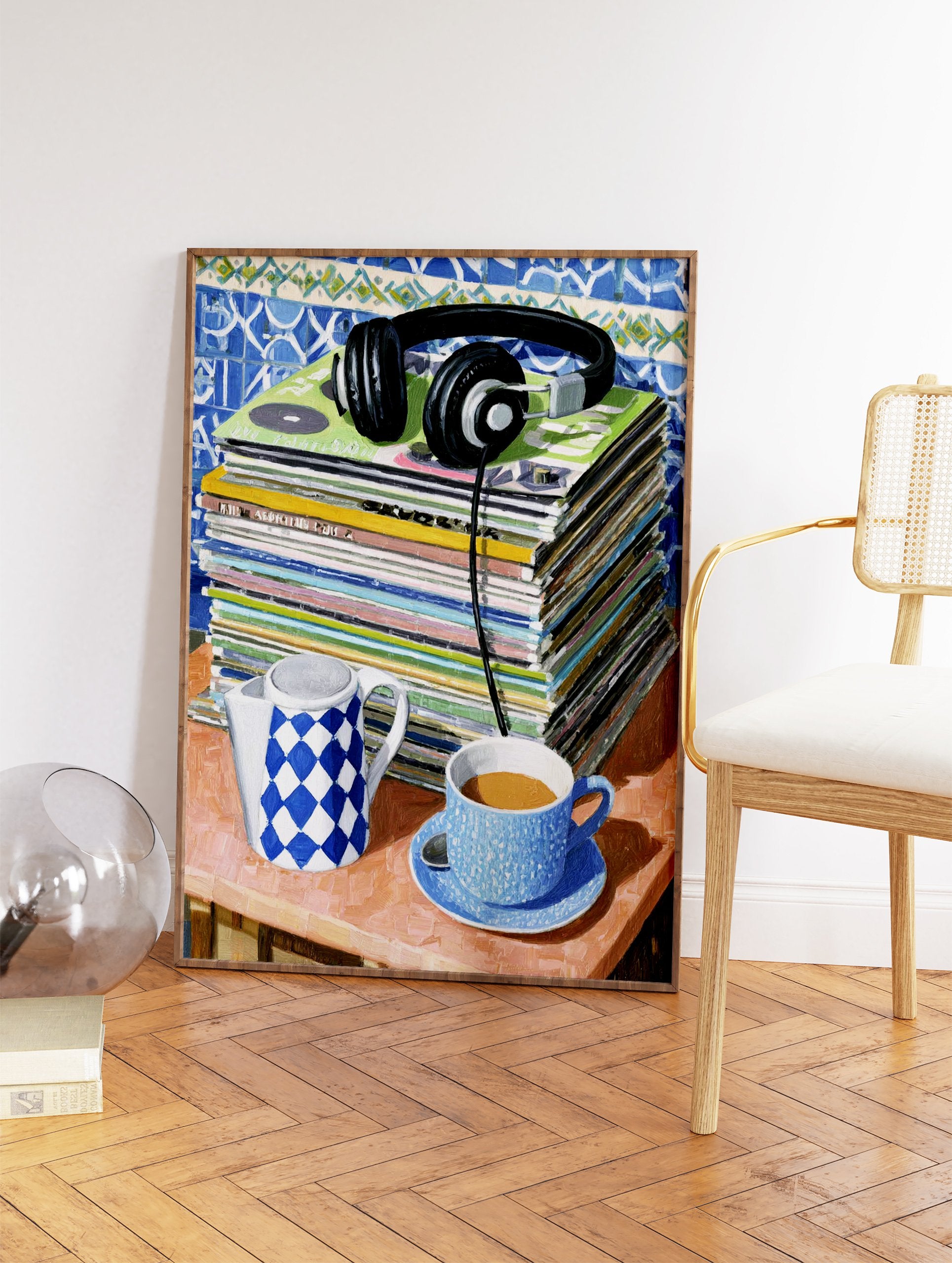Music and coffee illustration with vinyl records, headphones, blue teacup, and checkered teapot on a table. - Image 2