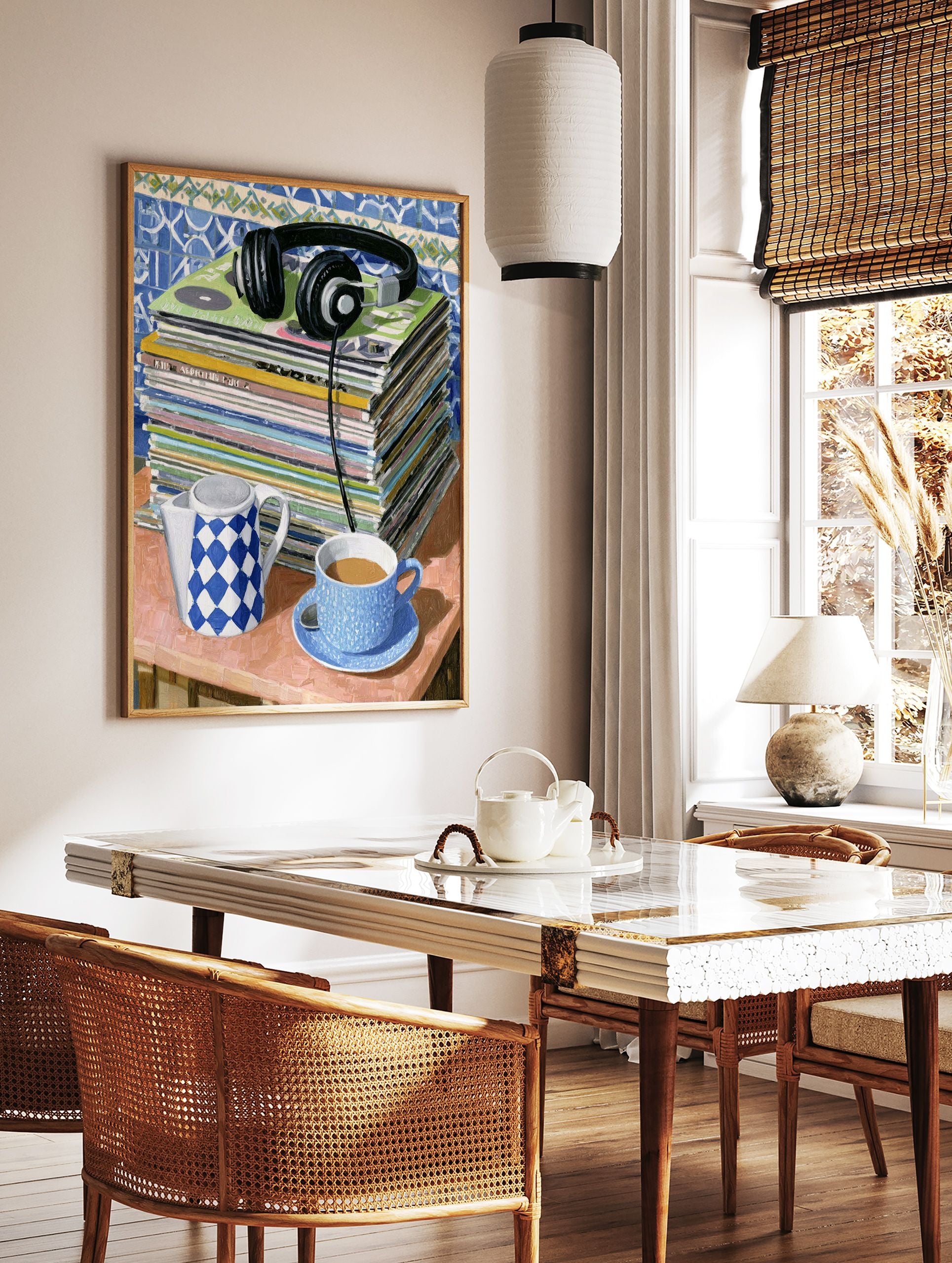 Music and coffee illustration with vinyl records, headphones, blue teacup, and checkered teapot on a table. - Image 3