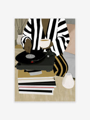 Illustration of a person in striped clothing using a vinyl record player with a cup and records on a neutral background
