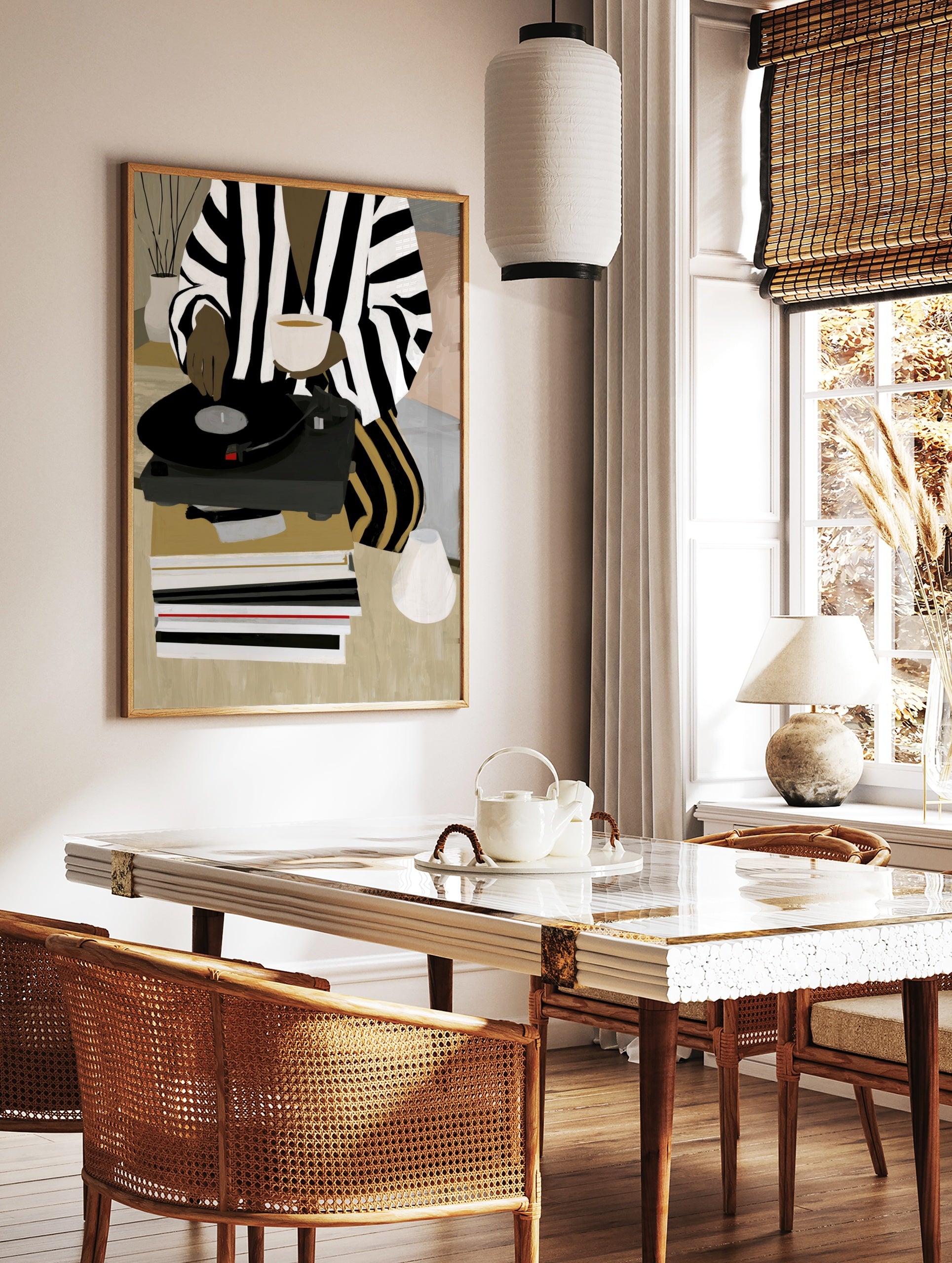 Illustration of a person in striped clothing using a vinyl record player with a cup and records on, in a styled room mockup
