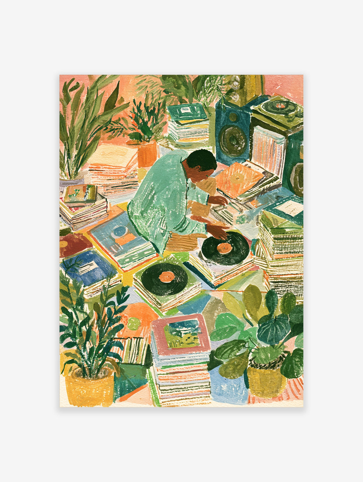 Colourful illustration of a person sorting vinyl records among plants and speakers