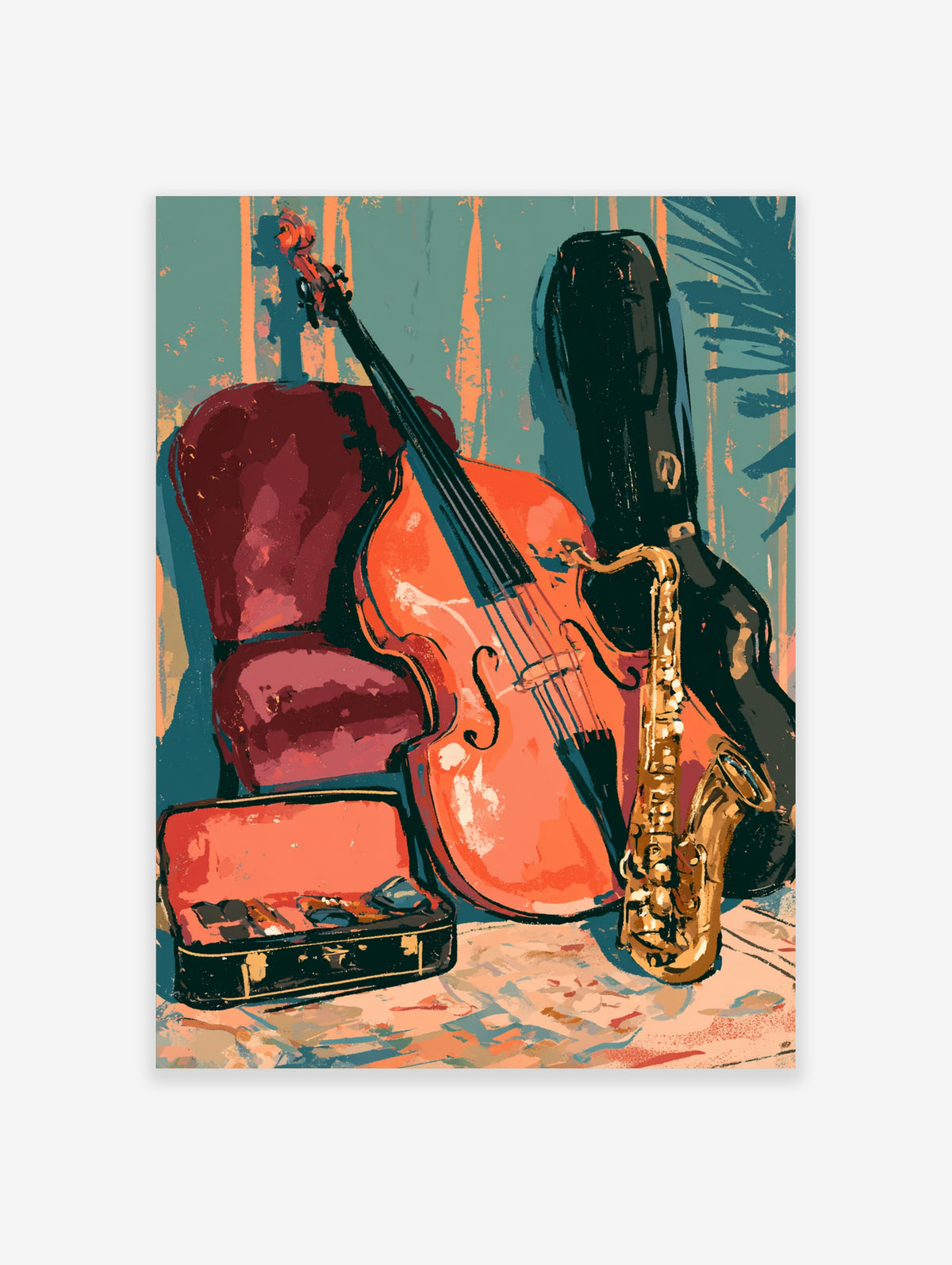 Music poster with cello, saxophone, guitar case, and red armchair in a jazz band scene