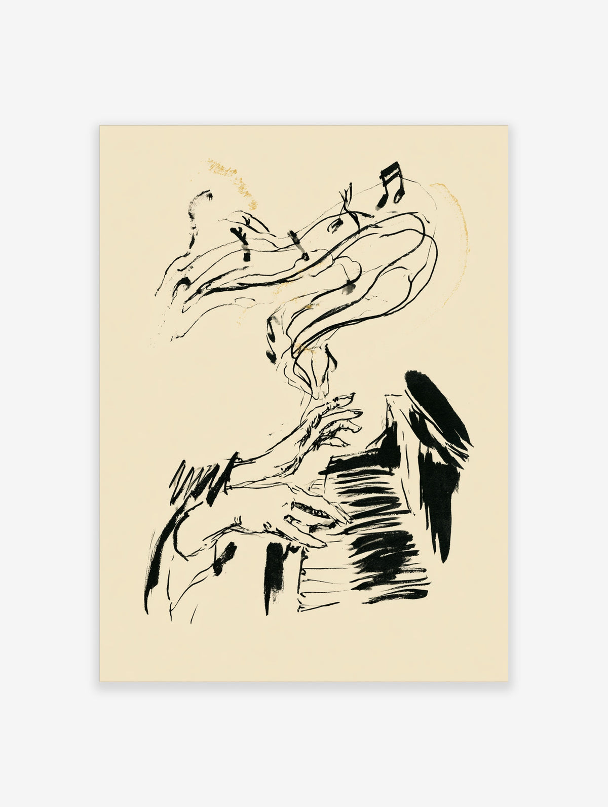 Abstract ink drawing of hands playing piano with floating musical notes on beige background