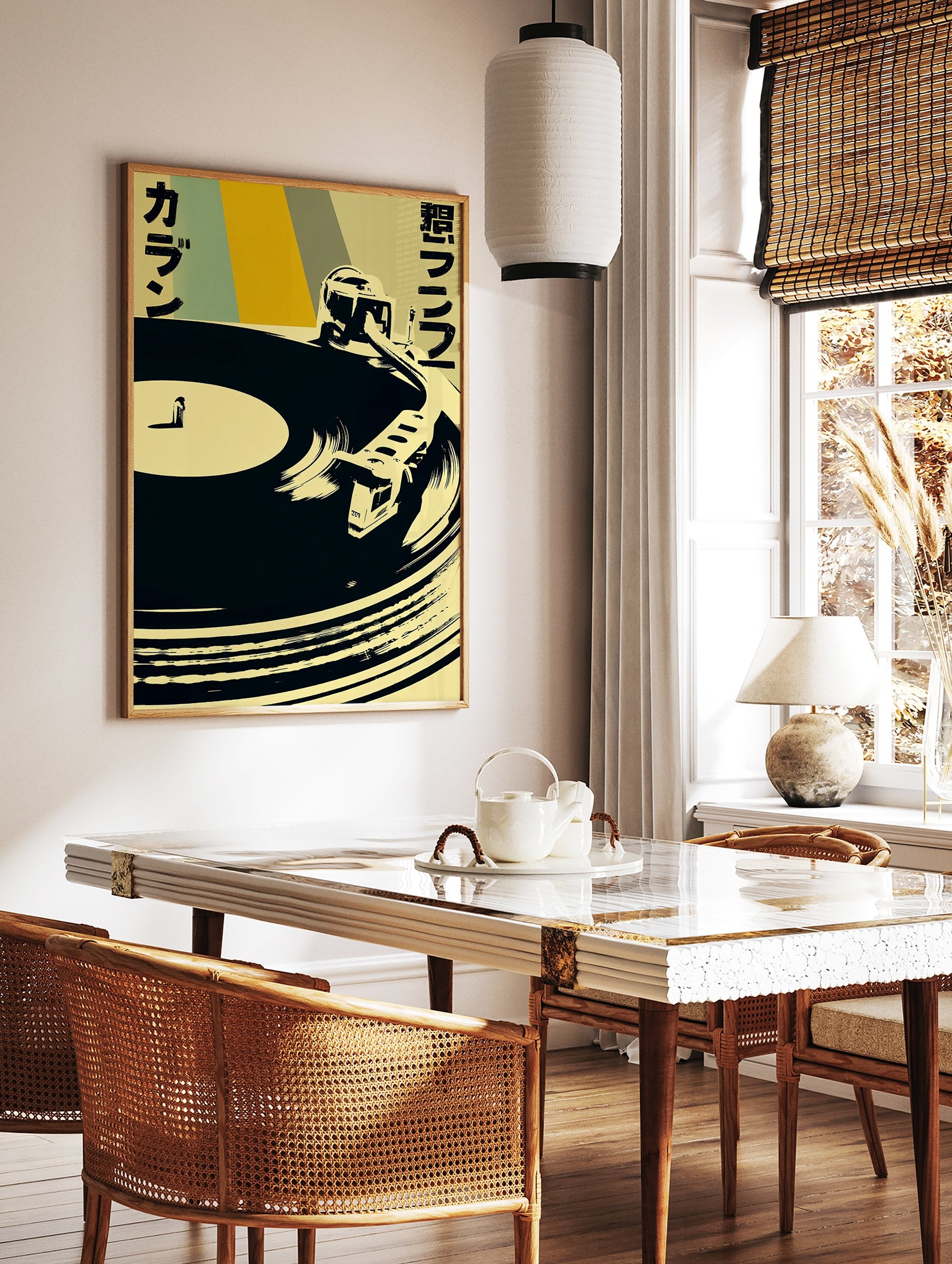 Japanese music poster featuring a black turntable with a record player arm on a yellow and muted green geometric background. - Image 2