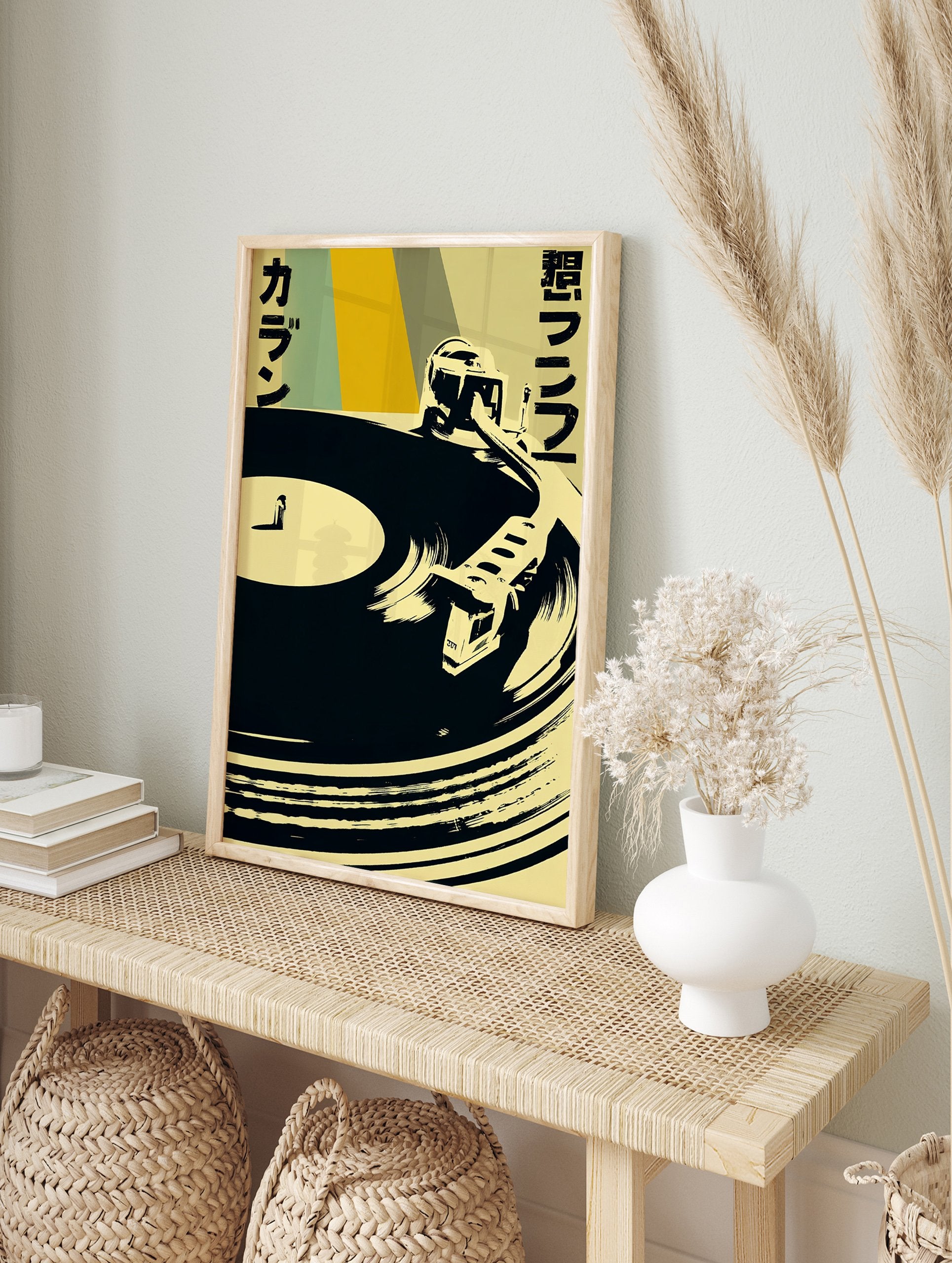 Japanese music poster featuring a black turntable with a record player arm on a yellow and muted green geometric background. - Image 4