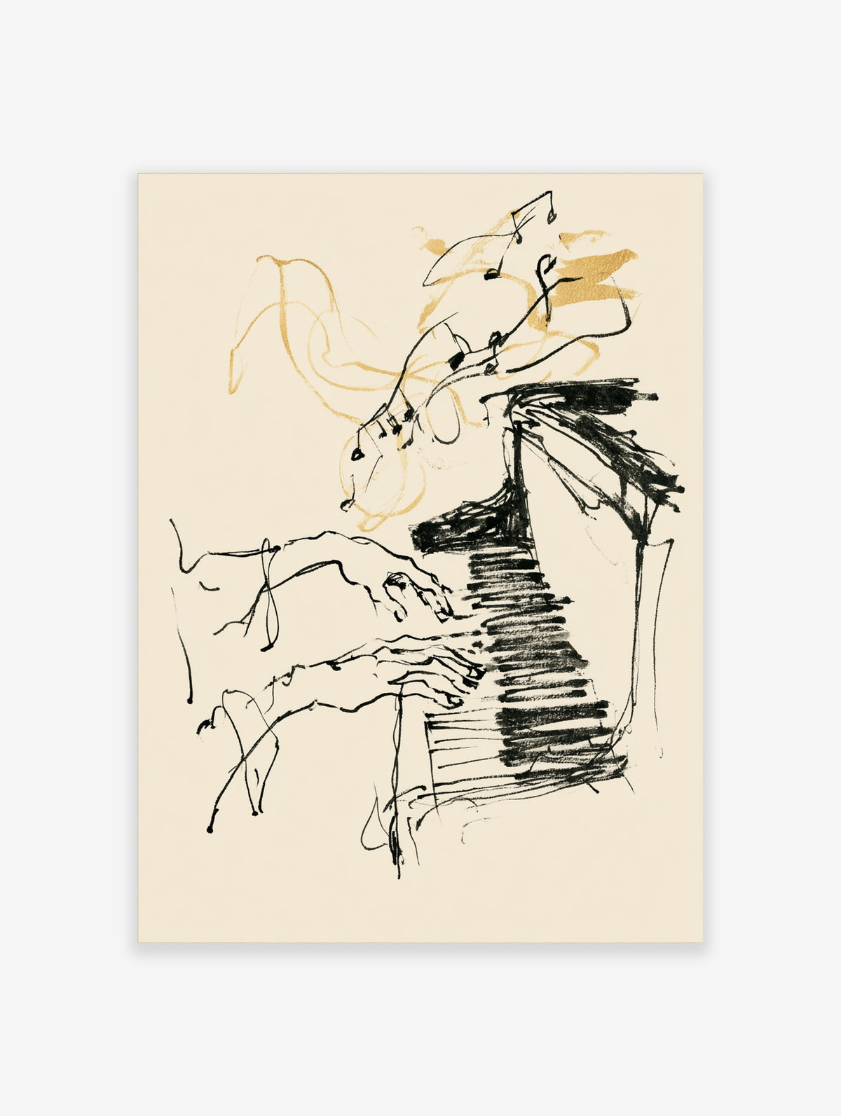 Ink sketch music poster of hands playing piano with floating notes and gold washes
