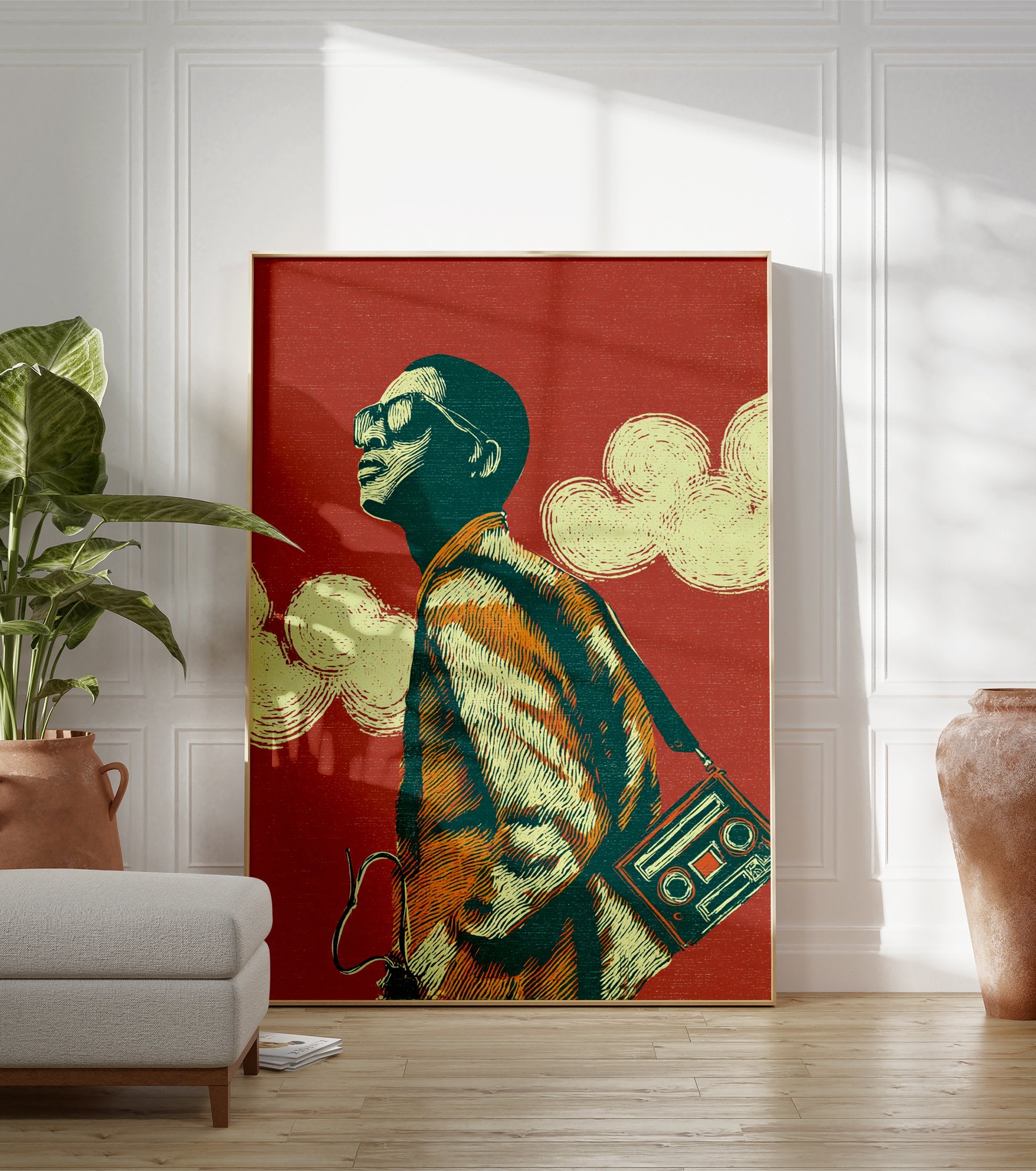 Illustrated retro music poster of a man in sunglasses carrying a boombox against a red background with clouds. - Image 3
