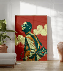 Illustrated retro music poster of a man in sunglasses carrying a boombox against a red background with clouds. - Image 3