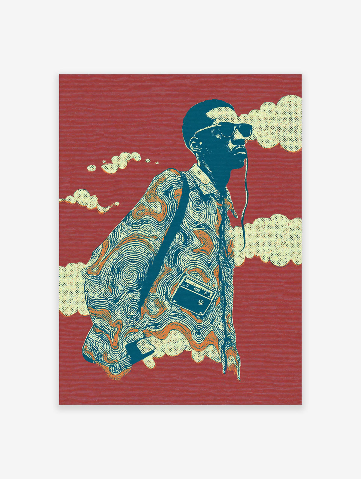Illustrative retro music poster of a man with sunglasses, headphones, and a cassette player on a red background.