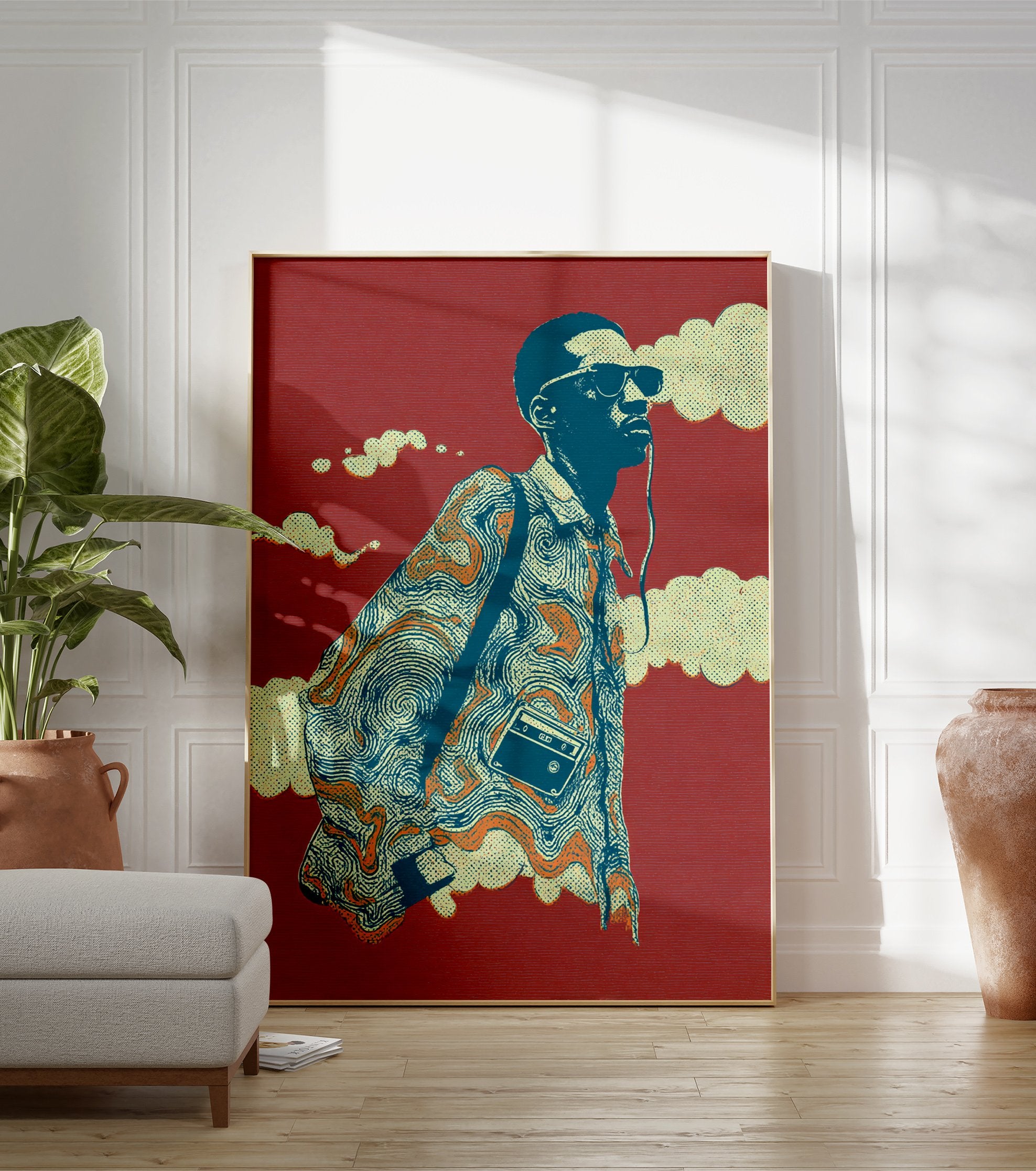 Illustrative retro music poster of a man with sunglasses, headphones, and a cassette player on a red background. - Image 3