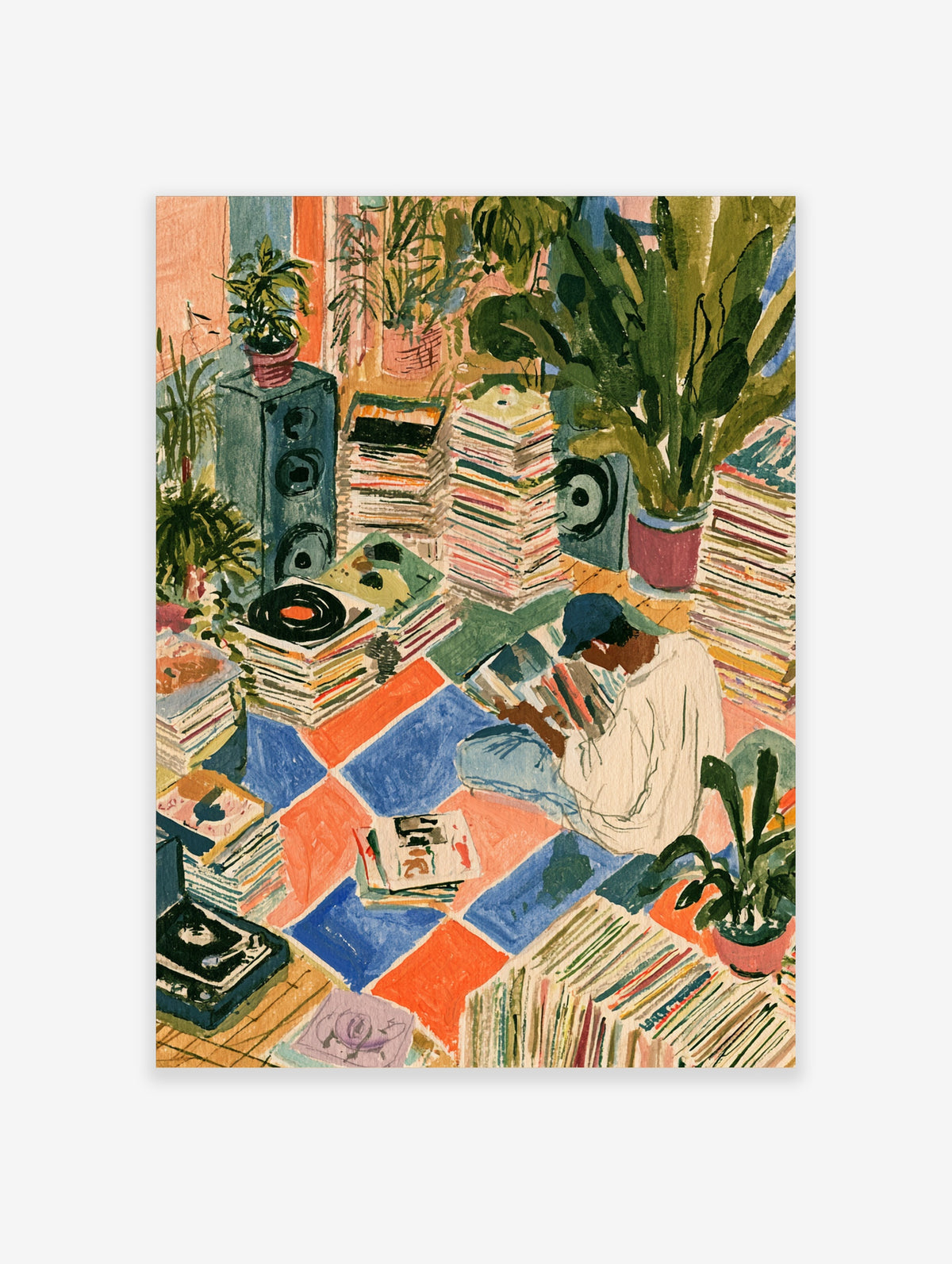 Music room poster showing figure sorting vinyl records among speakers and houseplants on a blue and orange tiled floor