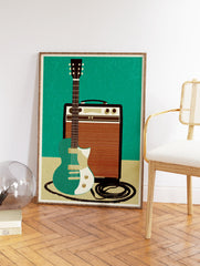 Retro illustration of a teal electric guitar leaning against a brown amplifier, perfect as an electric guitar print. - Image 2