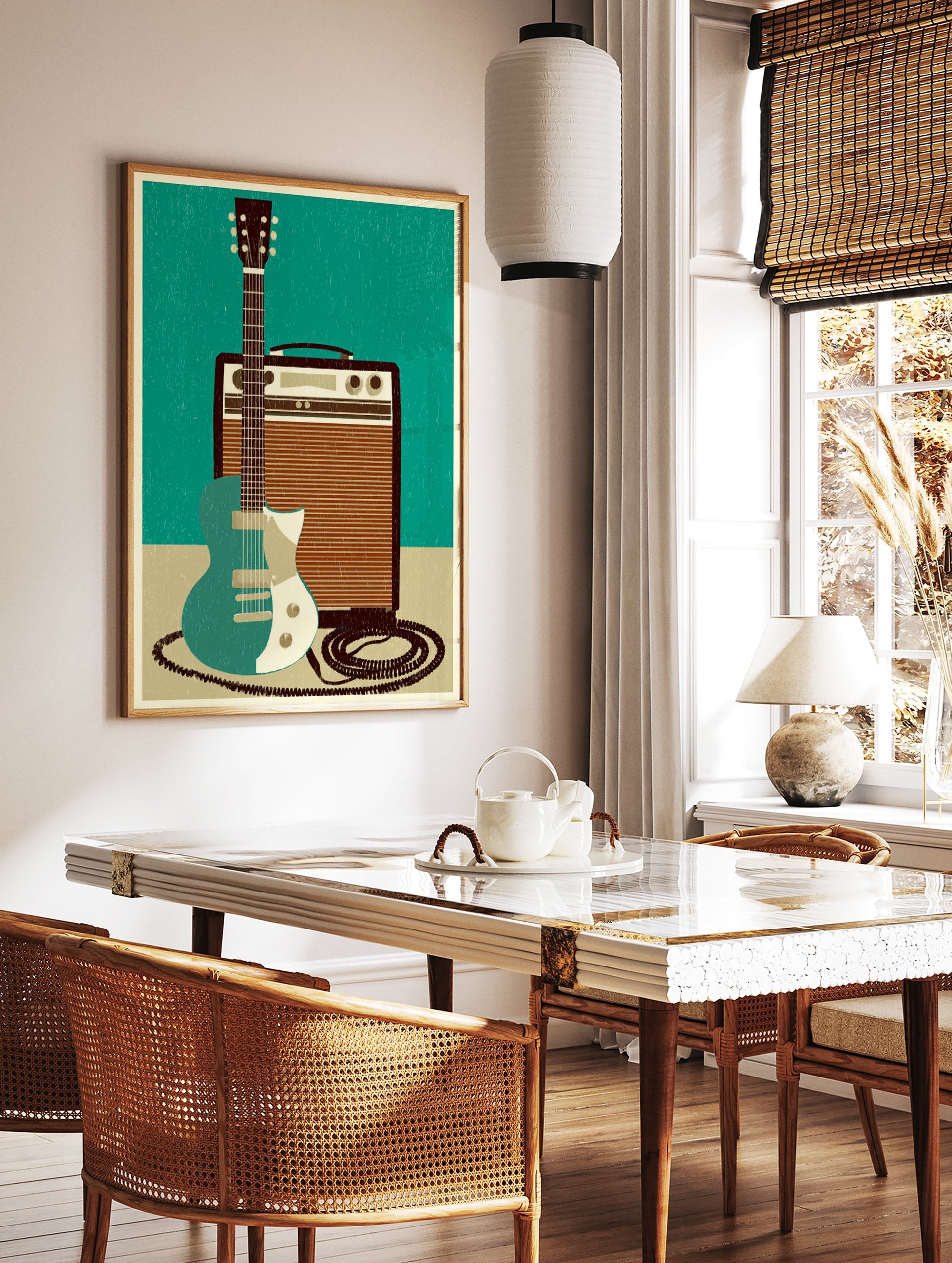Retro illustration of a teal electric guitar leaning against a brown amplifier, perfect as an electric guitar print. - Image 3