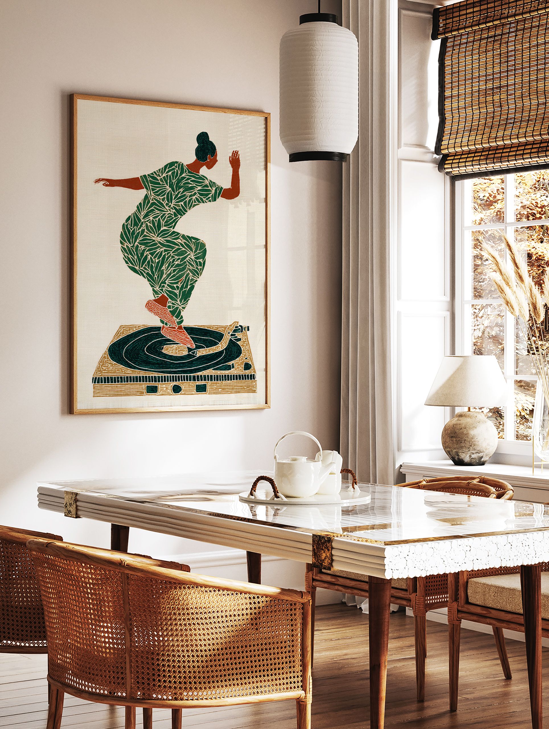 Illustrated music wall art print of a woman in a green leaf-patterned dress dancing on a turntable. - Image 2