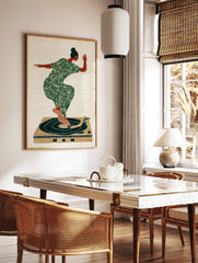 Illustrated music wall art print of a woman in a green leaf-patterned dress dancing on a turntable. - Image 2