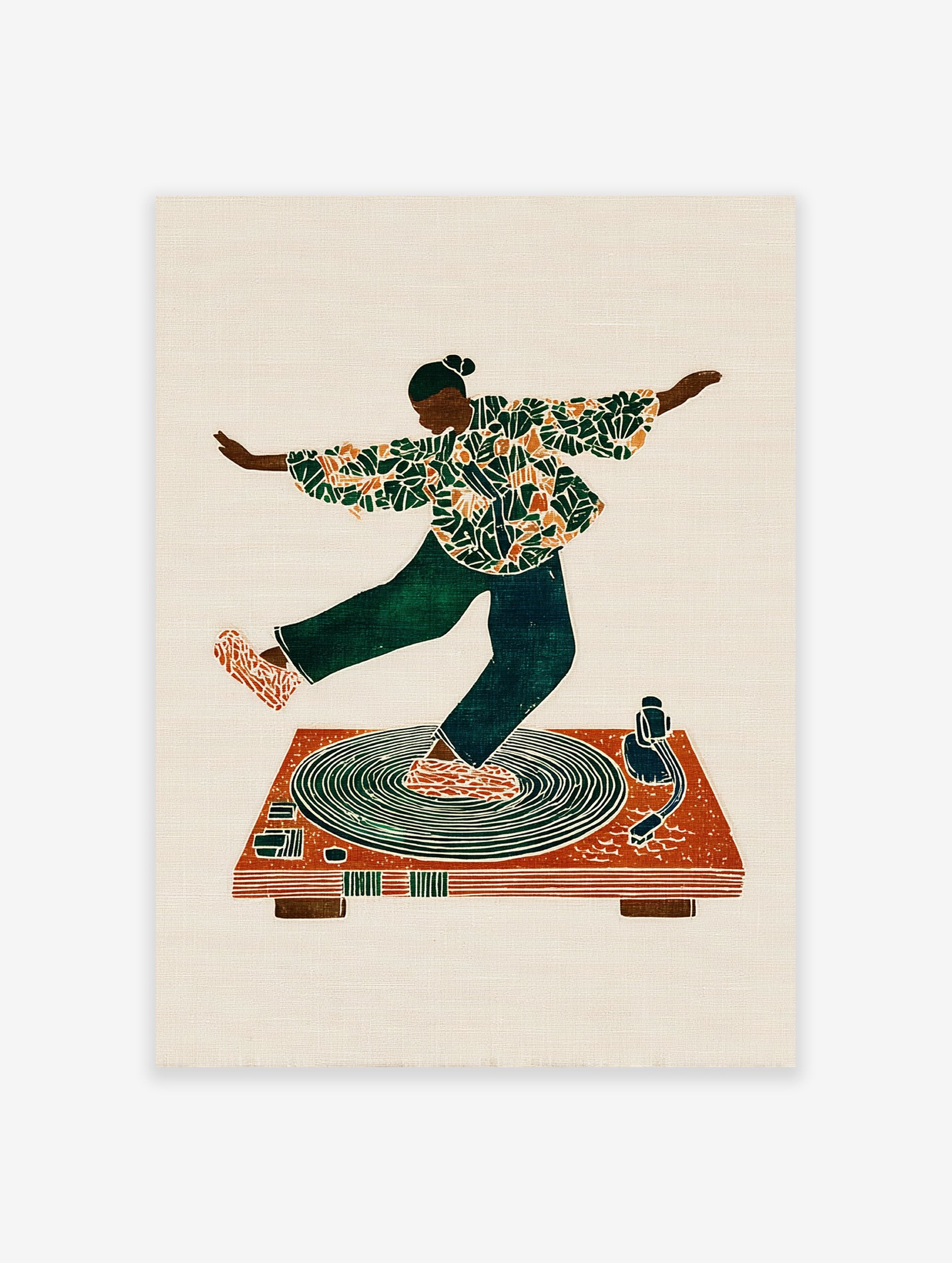 Illustrative music wall art print featuring a dancer in green and orange patterned clothing on a brown turntable.