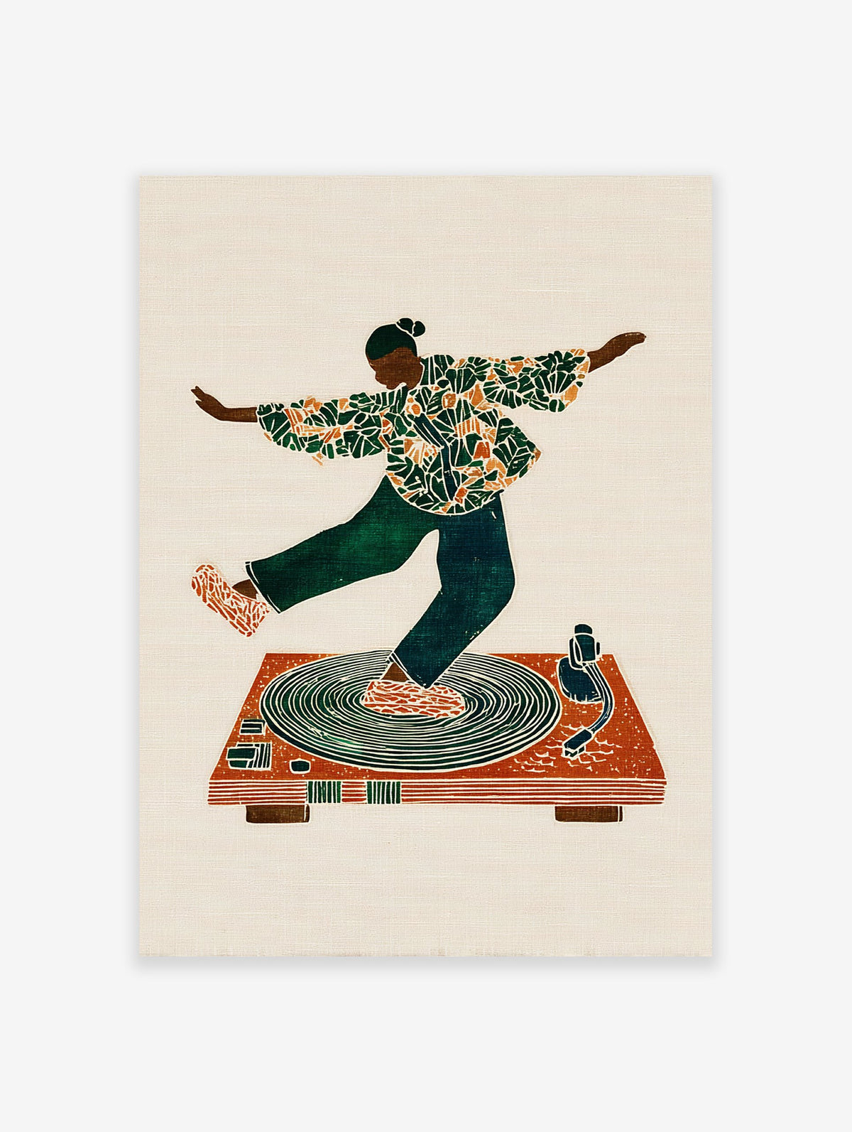 Illustrative music wall art print featuring a dancer in green and orange patterned clothing on a brown turntable.