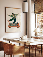 Illustrative music wall art print featuring a dancer in green and orange patterned clothing on a brown turntable. - Image 2