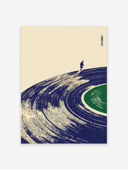 Japanese style illustration of a person walking on a blue vinyl record with a green label, cream background. Music wall art.