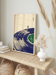 Japanese style illustration of a person walking on a blue vinyl record with a green label, cream background. Music wall art. - Image 3