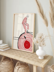 Illustrated wall art of a person in red and white stripes balancing on a large red vinyl record with black outlines. - Image 3