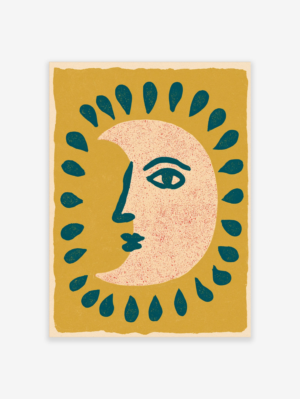 Mustard yellow sun and moon art print with teal face outline, cream crescent, and teardrop rays