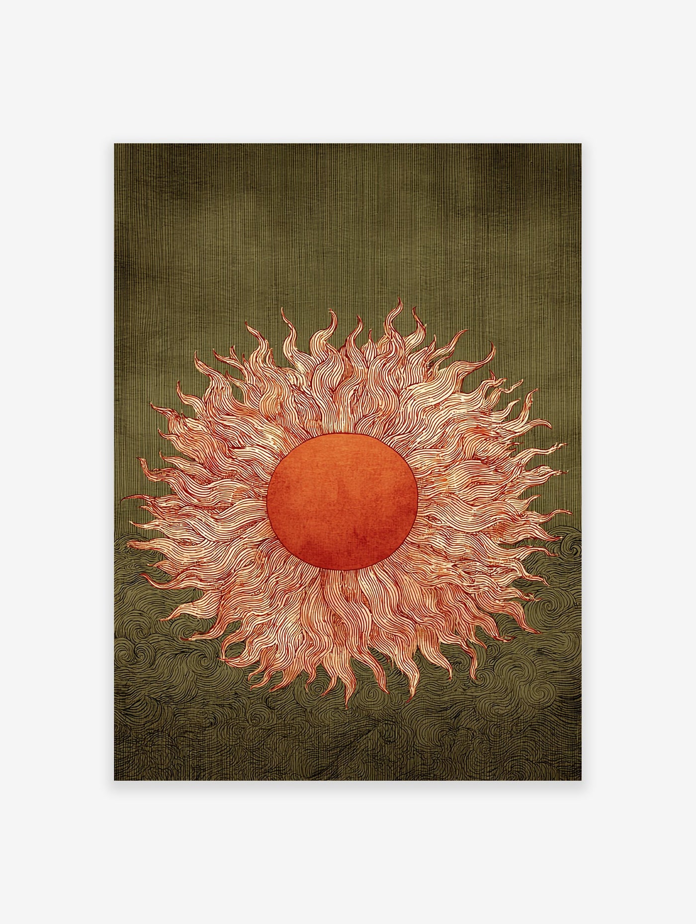 Mystic sun art print with swirling orange rays on a textured dark green background with wavy patterns.