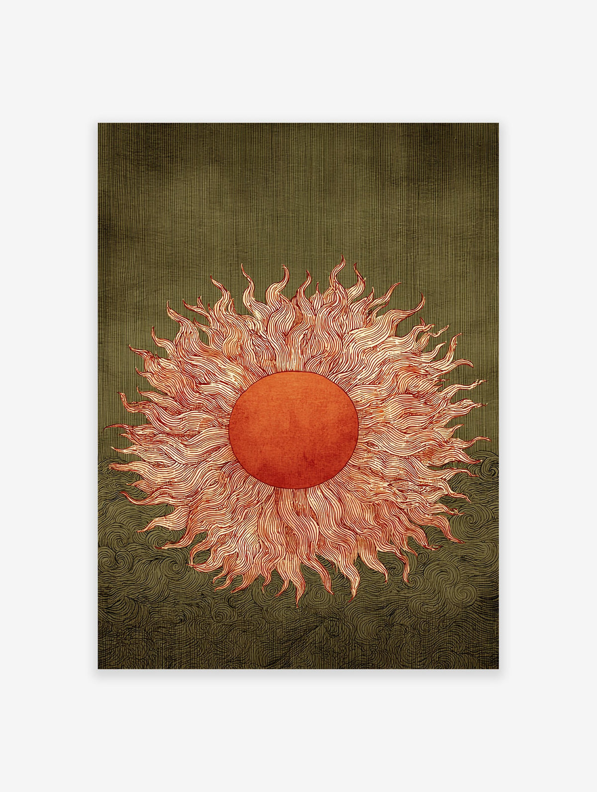 Mystic sun art print with swirling orange rays on a textured dark green background with wavy patterns.
