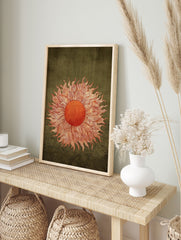 Mystic sun art print with swirling orange rays on a textured dark green background with wavy patterns. - Image 3