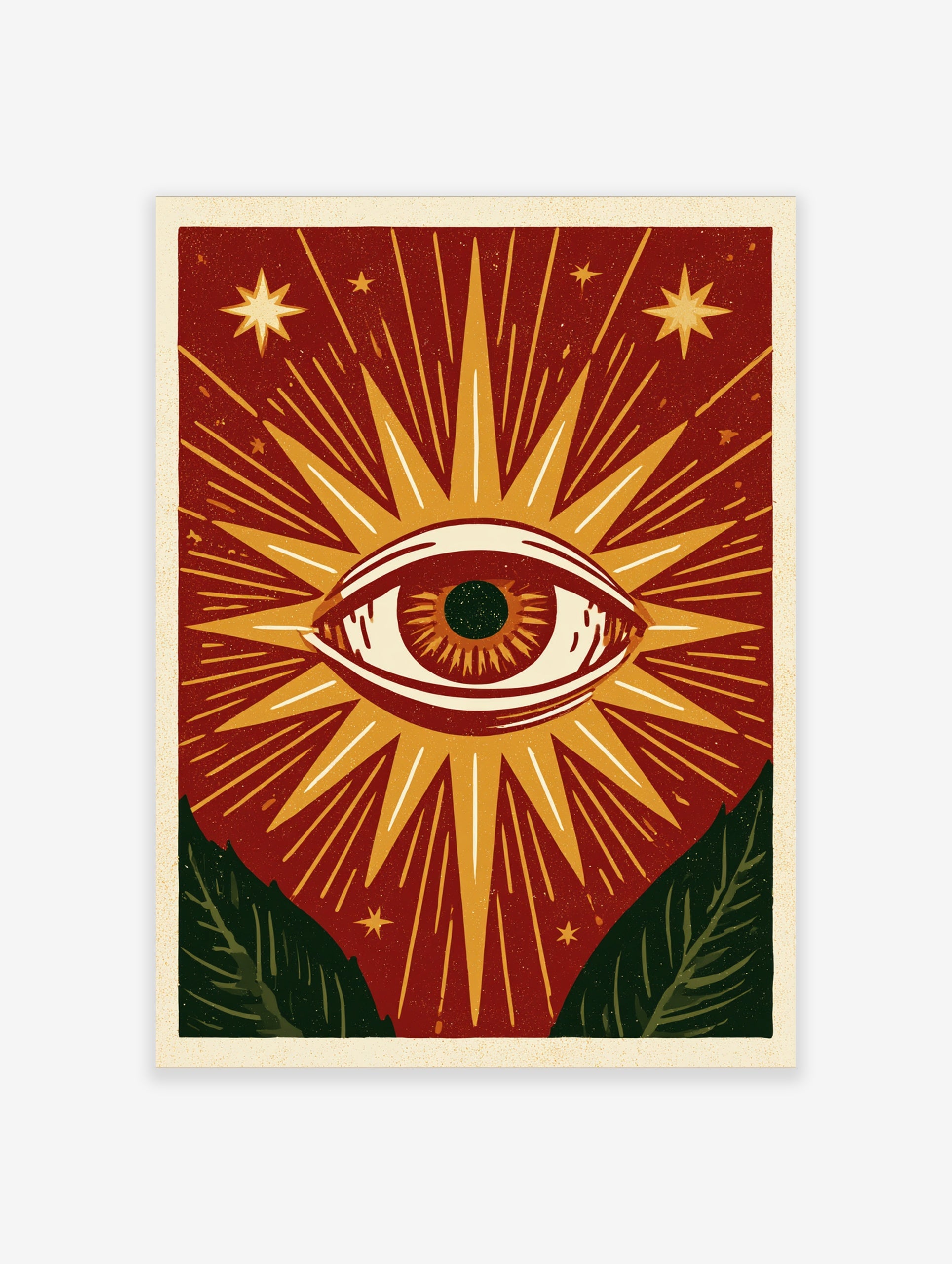 Mystical eye illustration with sunburst rays, stars, and green leaves on a red background, unframed paper wall art print