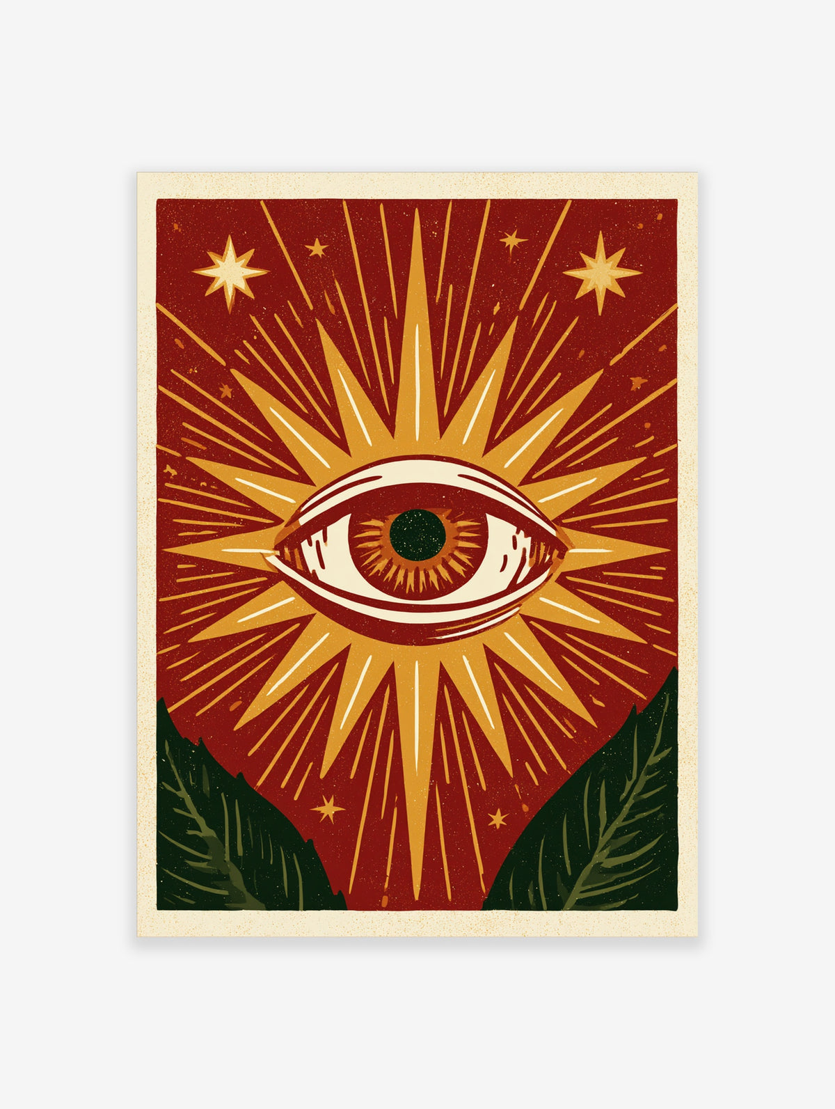 Mystical eye illustration with sunburst rays, stars, and green leaves on a red background, unframed paper wall art print