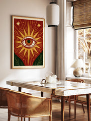 Mystical eye illustration with sunburst rays, stars, and green leaves on a red background, unframed, in a styled room mockup