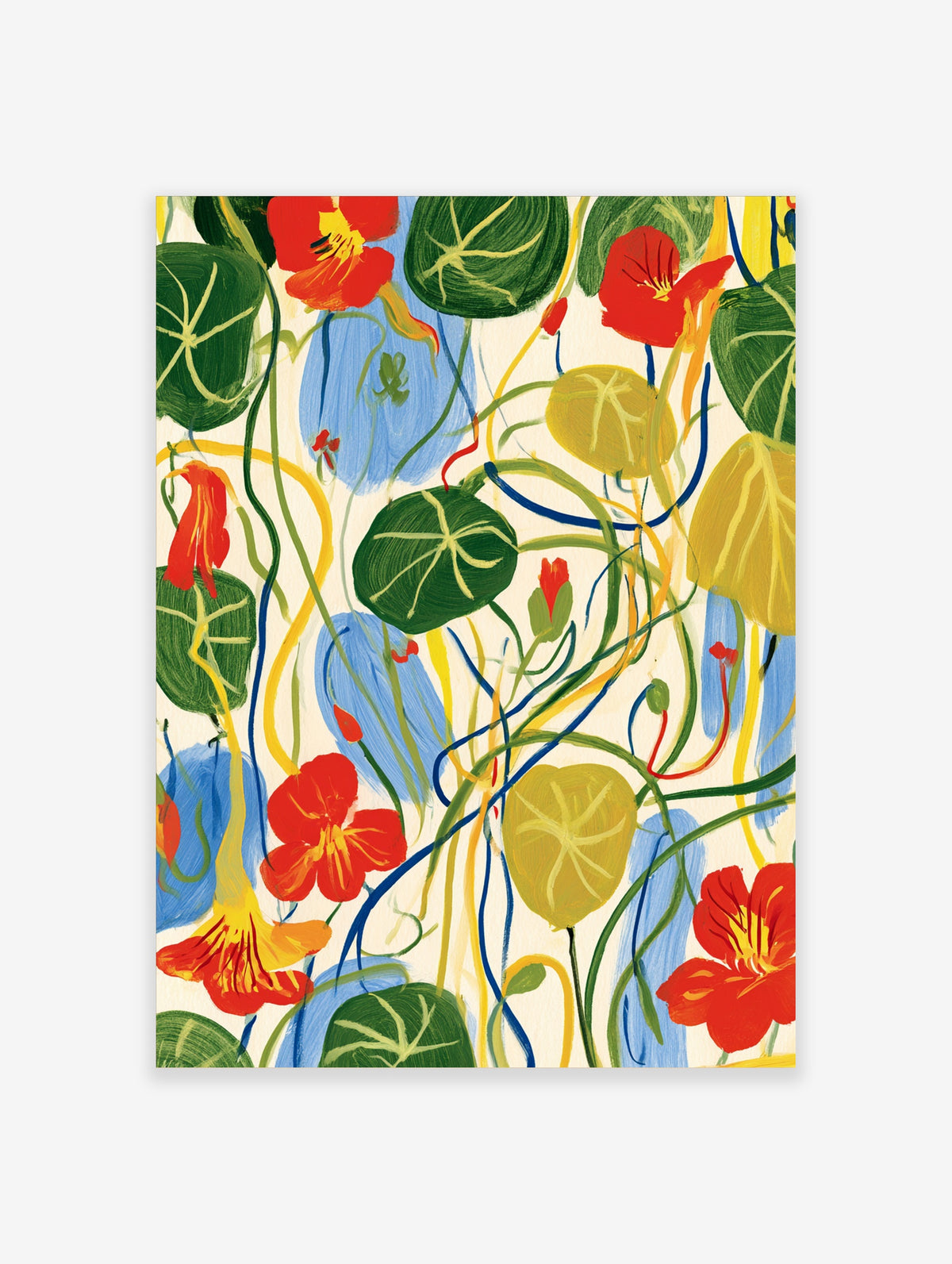 Nasturtium botanical art print with red flowers, green leaves, and blue shadows on cream