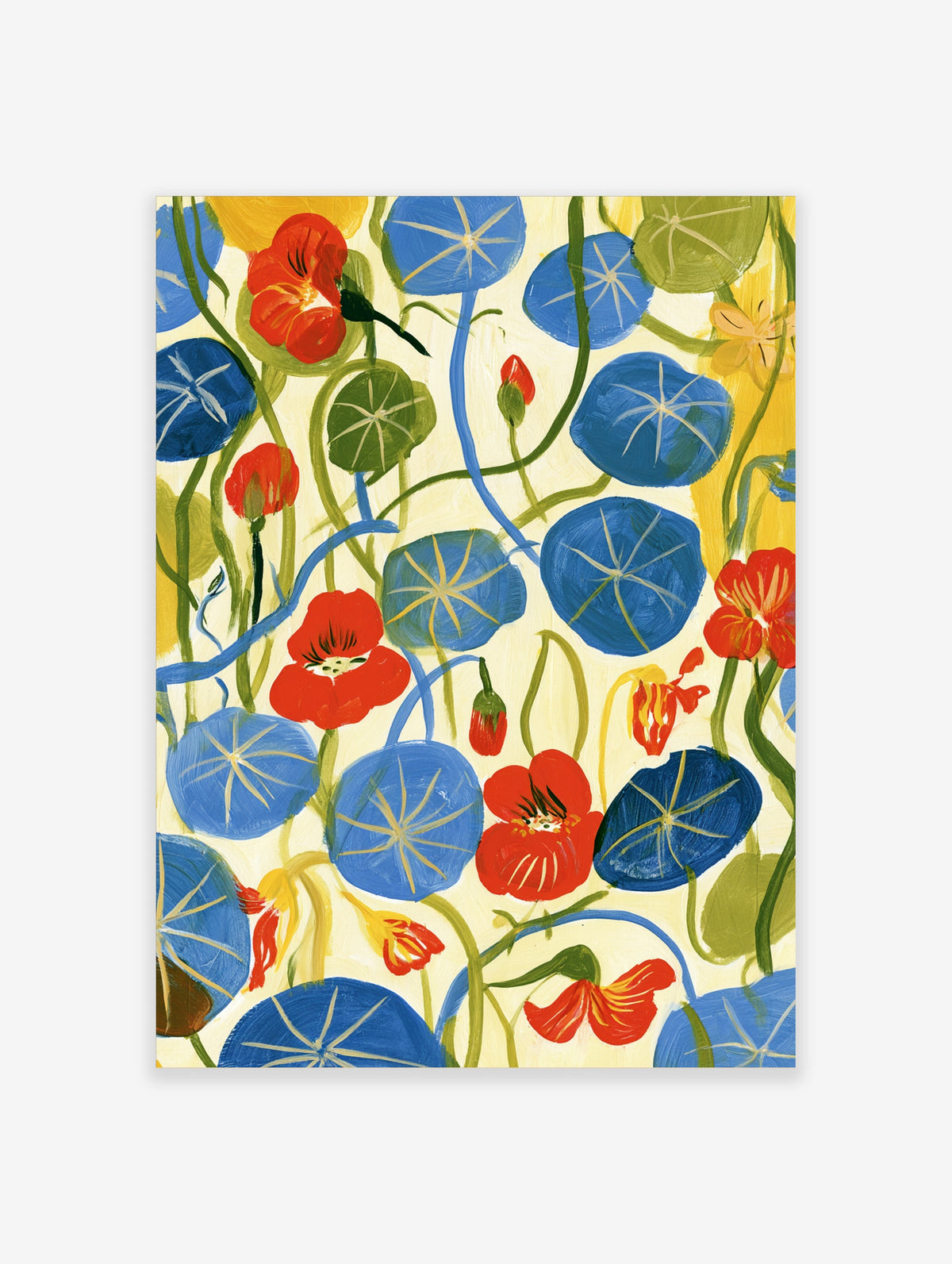 Red nasturtium flowers and blue round leaves with green stems on a cream background, botanical art print