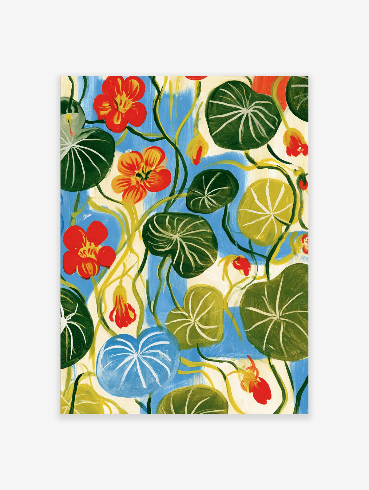 Nasturtium flower art print with red orange blooms and green leaves on blue background