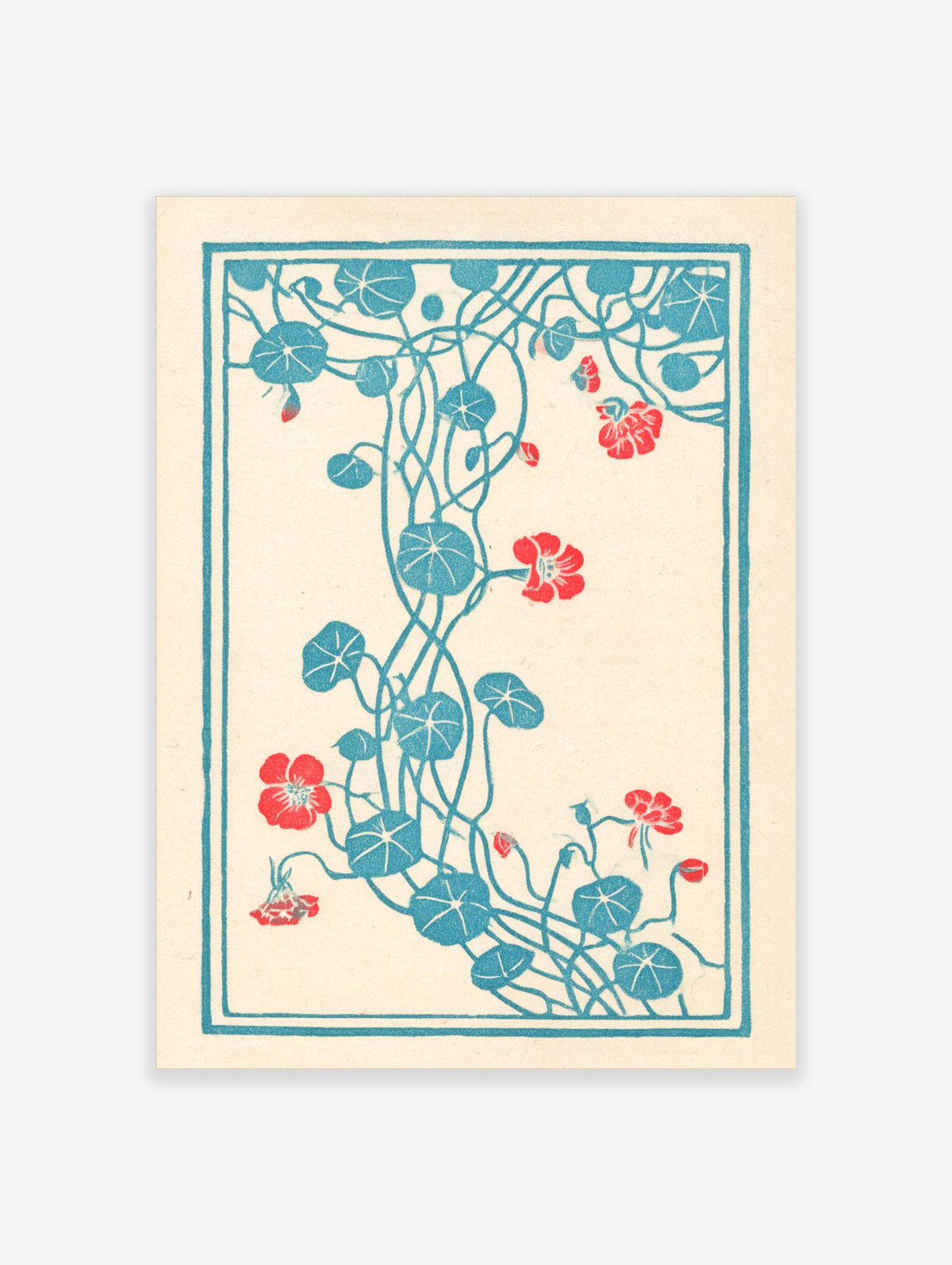 Teal and red nasturtium flower botanical art print on cream background