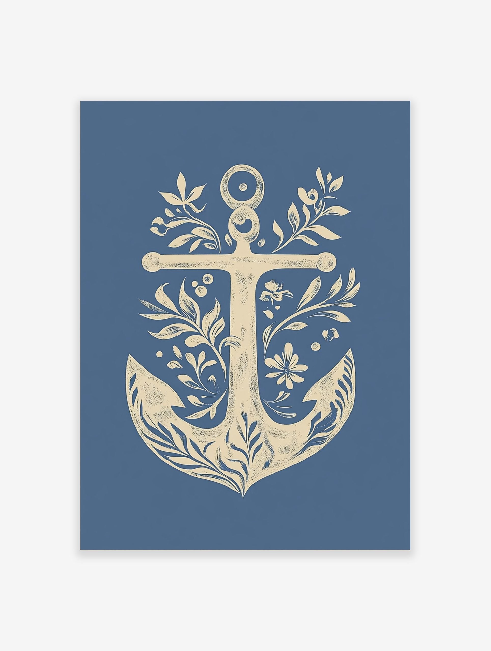 Decorative nautical anchor illustration art print with botanical leaves, flowers, and berries on a blue background