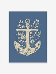 Decorative nautical anchor illustration art print with botanical leaves, flowers, and berries on a blue background