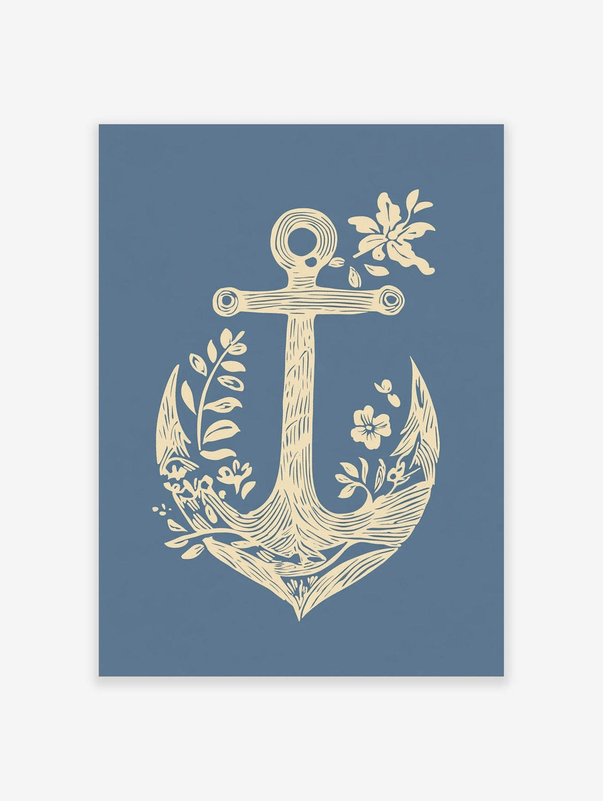 Cream anchor with botanical leaves and flowers on a blue background in an illustrative style